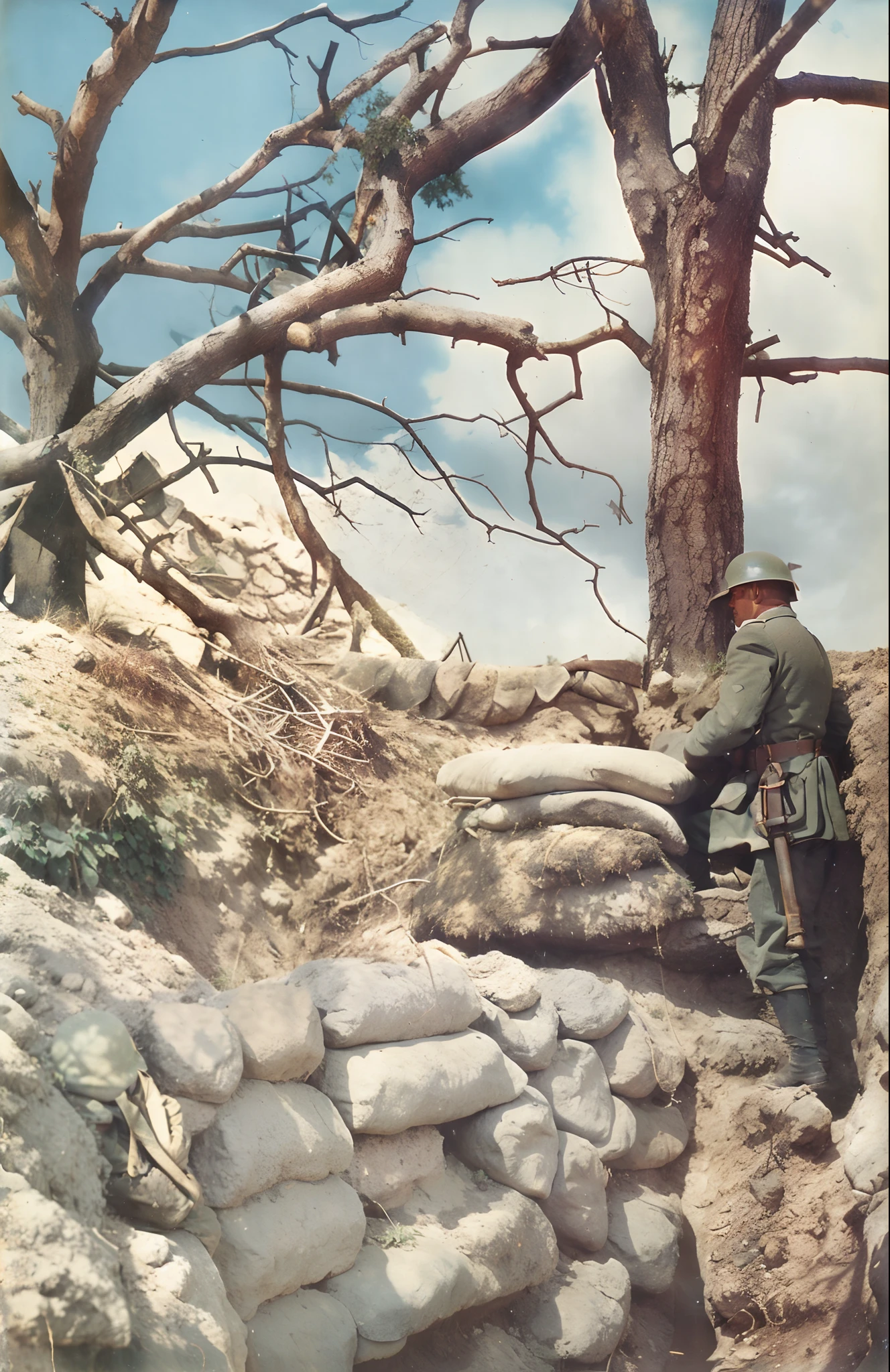 there is a man sitting on a rock wall next to a tree, trench sandbags in background, ww1 trench, colorized photograph, ww2 historical photography, ww 2 historical photography, colourized, war photo, by Rudolf Freund, award winning colorized photo, vintage color photo, trenches bombs, eastern front, colourised, in trenches