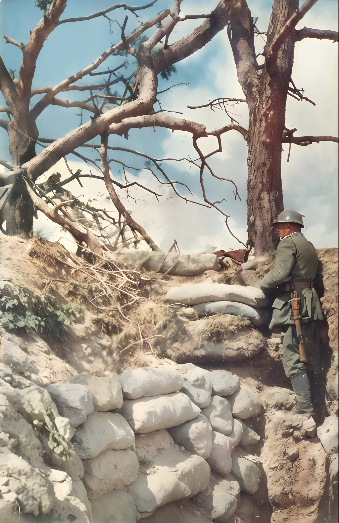 there is a man sitting on a rock wall next to a tree, trench sandbags in background, ww1 trench, colorized photograph, ww2 historical photography, ww 2 historical photography, colourized, war photo, by Rudolf Freund, award winning colorized photo, vintage color photo, trenches bombs, eastern front, colourised, in trenches