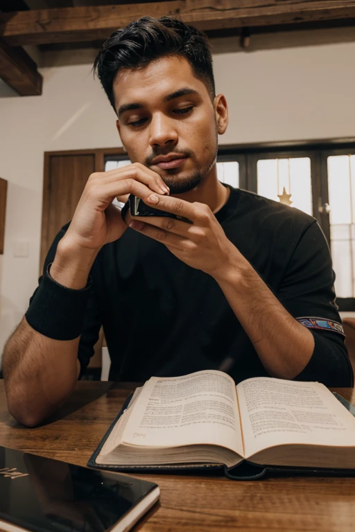 pastor usando um computador em uma mesa com uma biblia ao lado dele na mesa