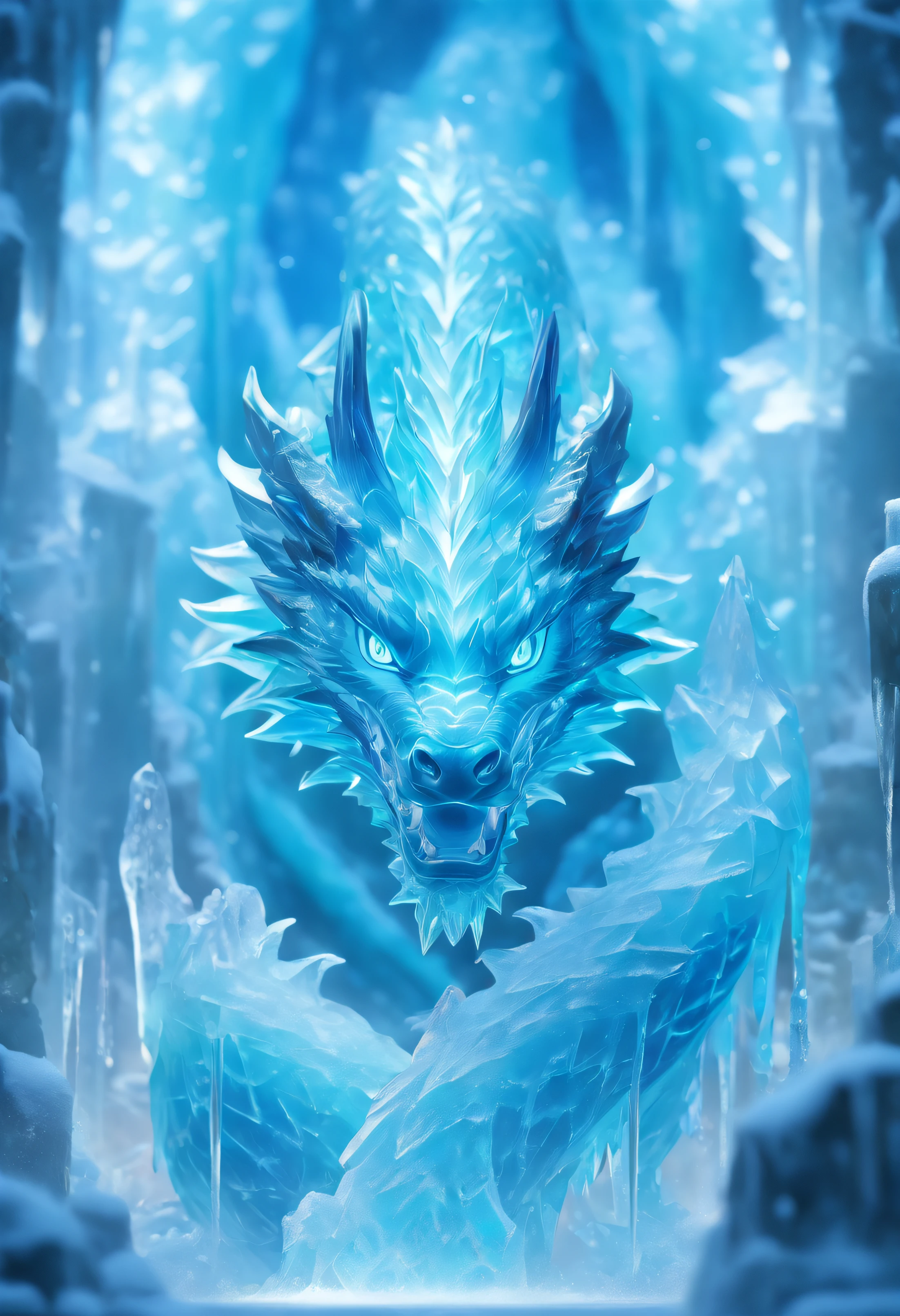 8K、Top image quality、masutepiece、top-quality、A hyper-realistic、Photorealsitic、Ice sculpture、Thang Long、Sculpture of a dragon made of ice、Chipping away at icicles、The base is also ice