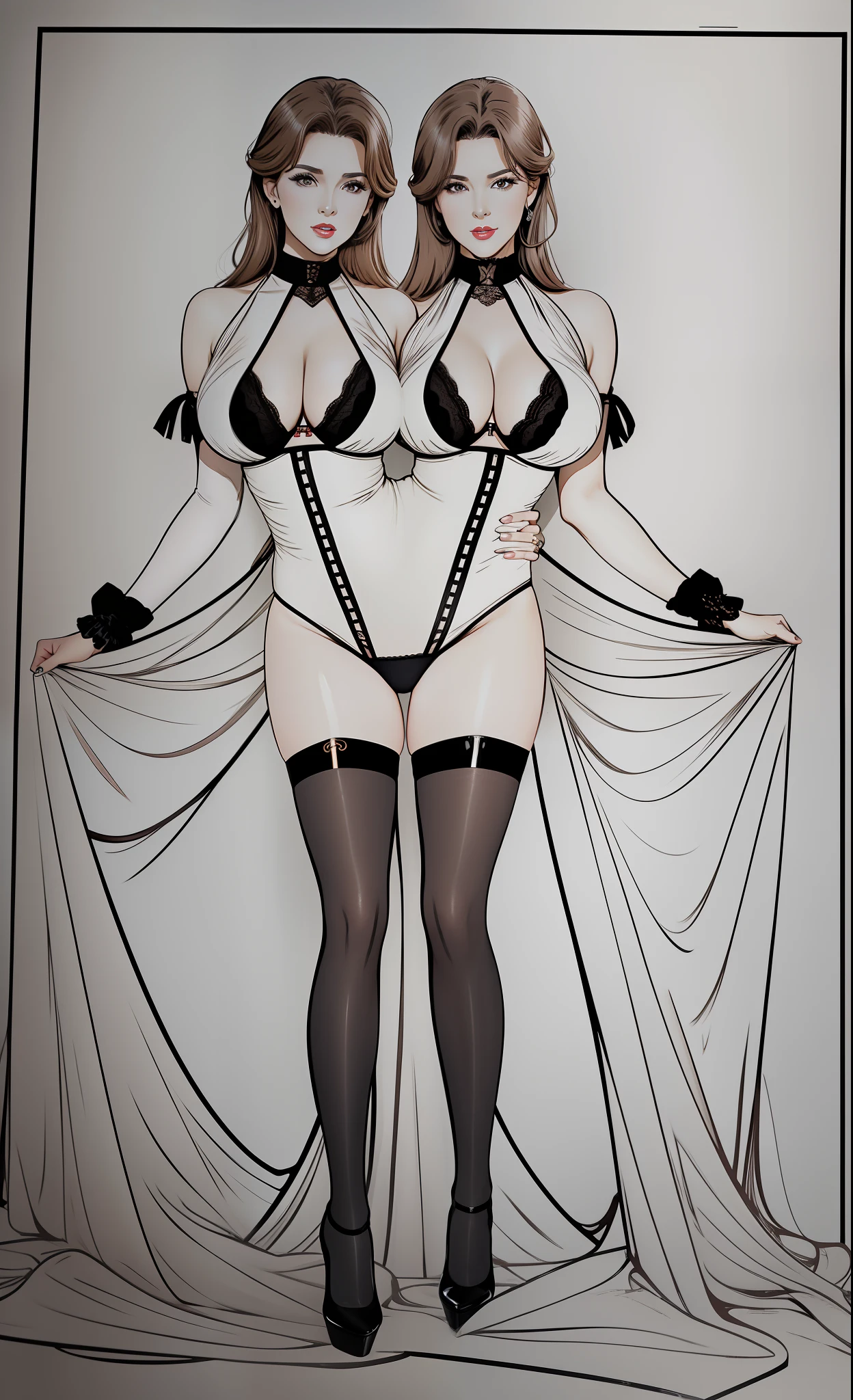 Photo of a 50-year-old woman with brown hair, a captivating gaze, Brown eyes, Wrinkles on her face, Black pantyhose,Black High Heel Boots,She wears very sexy lingerie underwear、、Revealing her large sagging breasts, Light makeup and red lips. 32K