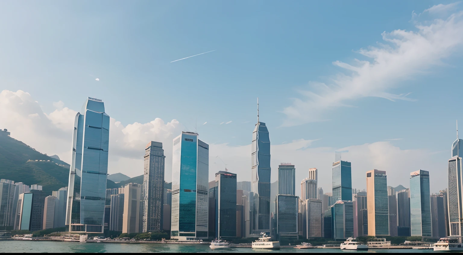 a hyper realistic photography of Victoria Harbour in hong kong, no people, no words, Nikon D850 DSLR 4k camera, 100mm lens, F 1.2 aperture setting, bright and natural lighting, vibrant, fun and relaxing atmosphere