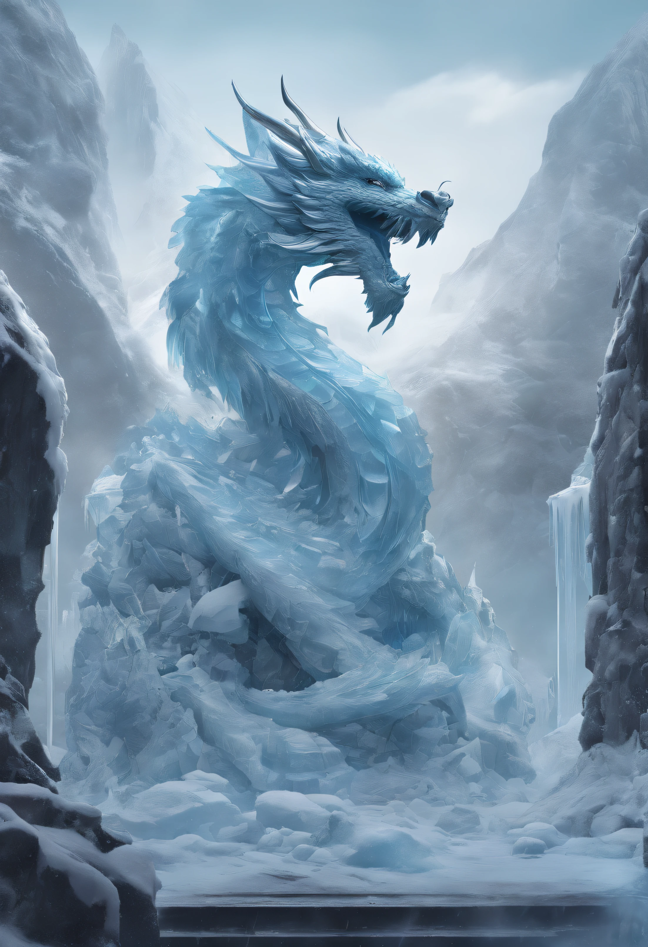 8K、Top image quality、masutepiece、top-quality、A hyper-realistic、Photorealsitic、Ice sculpture、Thang Long、Sculpture of a dragon made of ice、Chipping away at icicles、The base is also ice