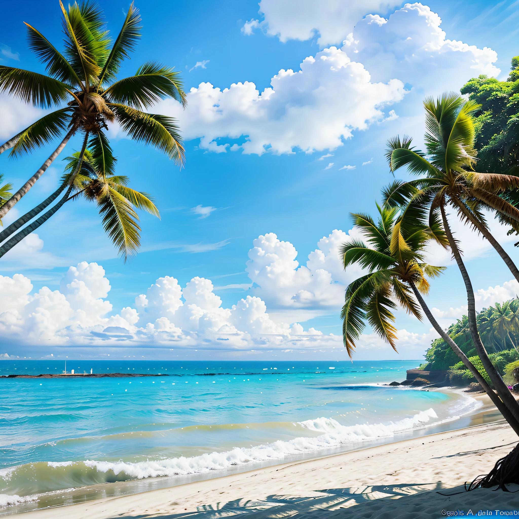 beach, coconut trees, sunny day, waves, moe anime art style, trending on Artstation pixiv, on the beach, on the beach,