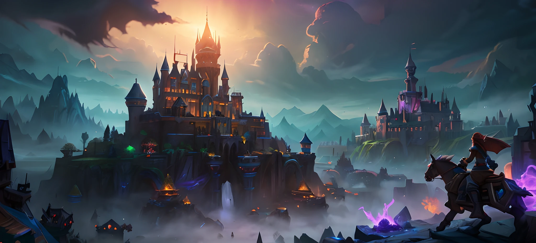 There is a castle in the middle of the mountain，In the background are the sky, matte painting arcane dota pixar, League of Legends concept art, Riot game concept art, wallpaper splash art promo art, disney splash art, hearthstone official splash art, Official Splash Art, league of legends splashart, riot background, League of Legends splash screen, league of legends splashart, tyler edlin fantasy art, concept art magical highlight, dark castle background, heroes of the storm splash art, hearthstone concept art, hearthstone splash art, world of warcraft splash art, dota matte painting concept art, Blizzard Hearthstone concept art, concept art by disney :: nixri, shadowy castle background, blizzard game concept art, hextech, blizzard concept art, epic cinematic concept art, league of legends splashscreen, Arcane : League of Legends, league of legends art, iconic character splash art, tyler edlin and natasha tan, flying citadel with towers，megawatt_SBCJ Corporation,game scenes，anime, Ray tracing, shadowing, Cinematic lighting, angle of view, hyper HD, ccurate, Super detail, Best quality, retinas, 8K