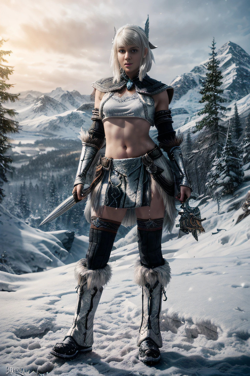 (full body:1.4), beauty girl snow elf, light crystal armor from skyrim, white short hair, spread legs, snow montain background, intricate details, insanely detailed, highest quality, (highly detailed:1.4), detailed skin, detailed face, photorealistic, realistic, sharp focus, 8k,(High Contrast:1.3)