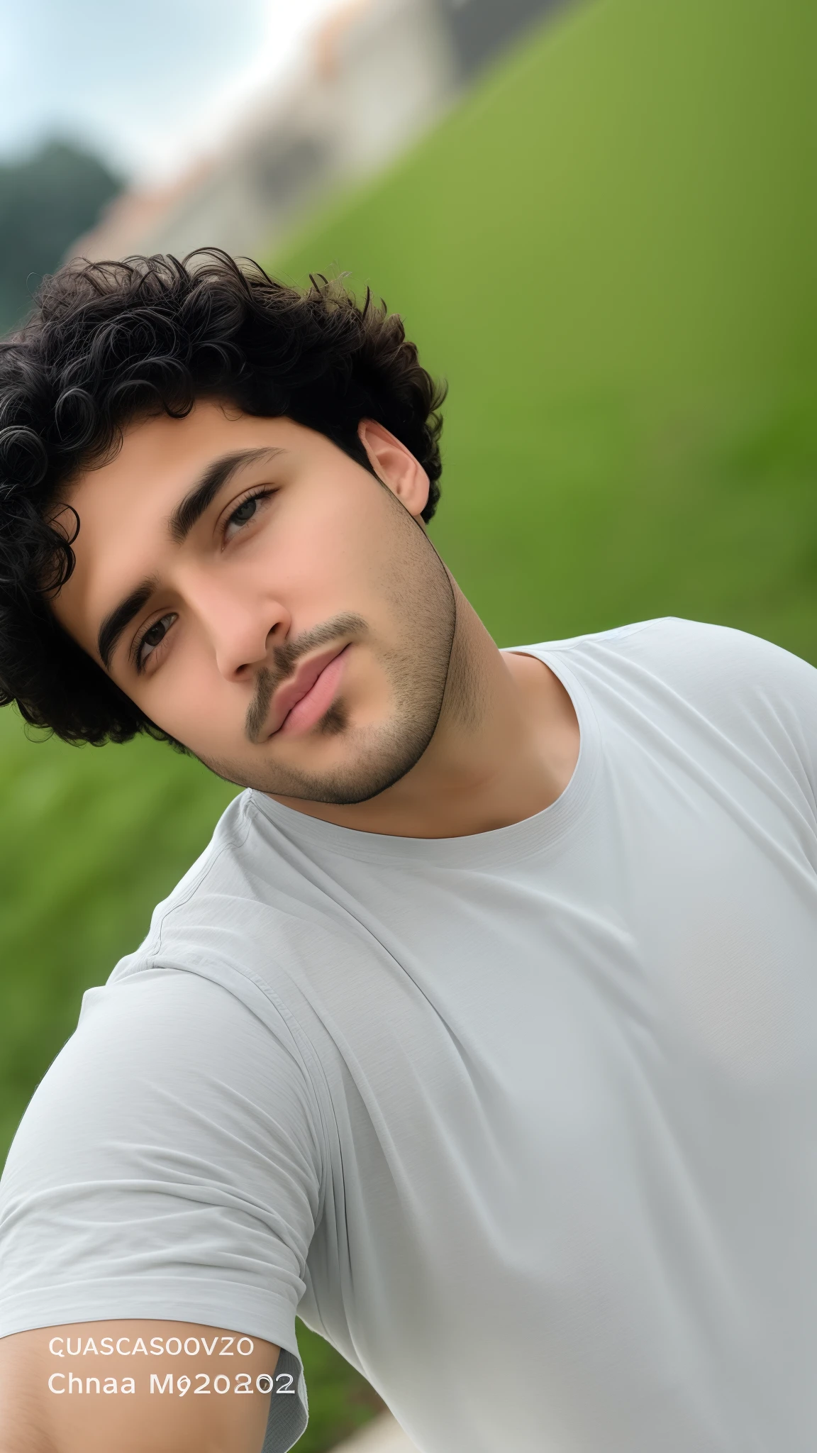 Homem de cabelos cacheados e camisa grisalha posando para foto, em torno de 1 9 anos, adulto jovem masculino, foto de perfil headshot, imagem de qualidade muito baixa, taken in the early 2020s, detailed unblurred face, Retrato tirado 8 K, halfbody headshot, Riyahd Cassiem, Fotografia selfie 8k