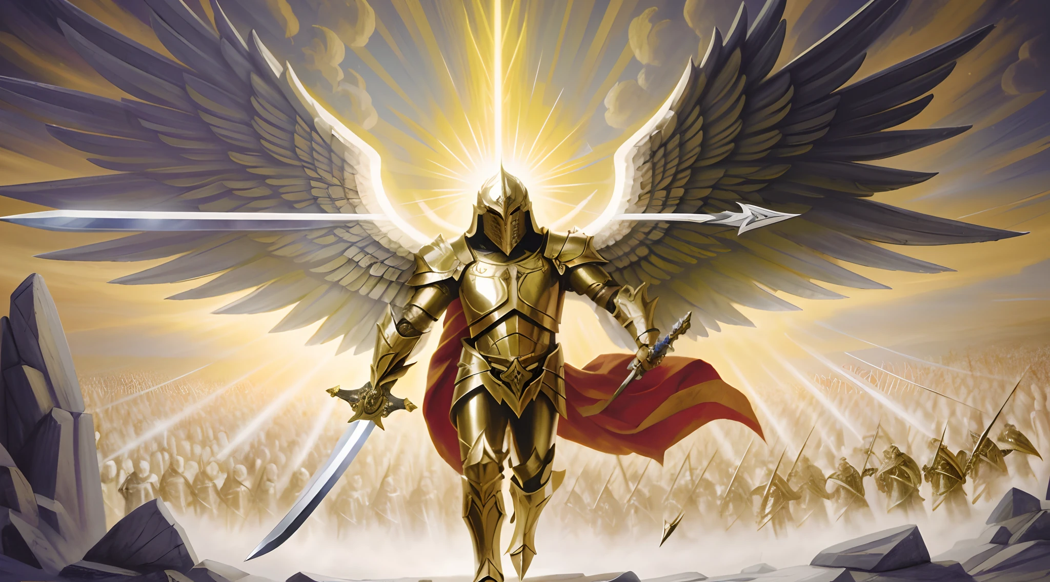 Winged warrior with sword and shield in front of a large crowd, Arcanjo Miguel, arcanjo, Armadura Dourada Angelical, angel in plastic armor, saint michael the angel, Armor angle with wing, Armadura Sagrada, vestido com armadura leve, ares com armadura pesada e espada, anjo, anjo protegendo o homem, guerreiro da luz, Paladino Santo, totalitarian socialist angel, anjo de batalha, ultra HD, realista, cores vivas, altamente detalhado, desenho UHD, perfect compositio, lindo intrincado insanamente detalhado, Artstation Octane Rendering Trends, 8k artistic photography, arte conceitual fotorrealista, Perfect natural light and volumetric soft cinematic. The lighting is dramatic and the image is rendered at maximum quality, Capturing maximum detail, realismo, Texture and overall composition. It is an image with 8K or even 16K resolution.