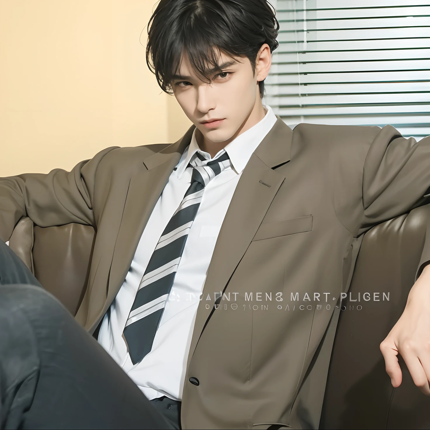 A man is sitting on a realistic sofa, realistic black and gray hair, exactly the same hairstyle, realistic handsome face, realistic cool expression,Adapt clothes exactly the same,Realistic light, realistic shadows, realistic background