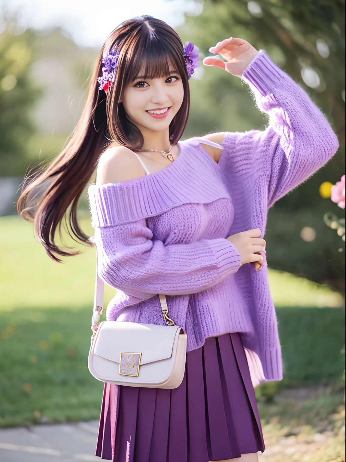 (Realistic painting style:0.9), masutepiece, Best Quality,  Looking at Viewer, Solo, Skirt, scarf, Purple sweater, White skirt, Purple hair, Sweaters, Twin-tailed, Hair Ornament, Bare shoulders, Smile, Long hair, Belt bag, Long sleeves, Bangs, Bow, Hair Flower, off shoulders