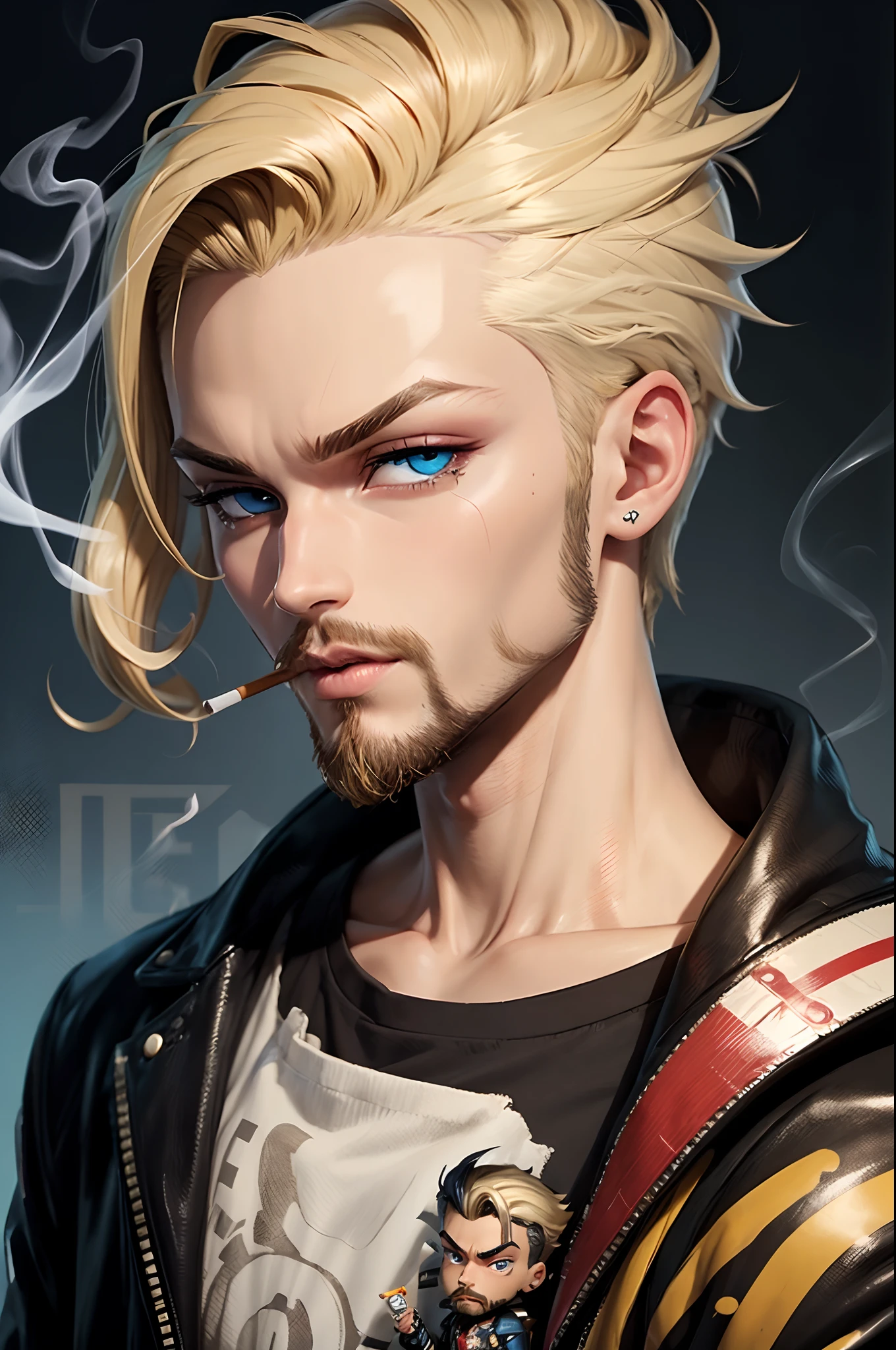 1 smoking man, smoking a joint, smoking weed, smoking, Bratz Boy, 1 male Bratz, blonde, bearded, blue eyes, brown cigarette.