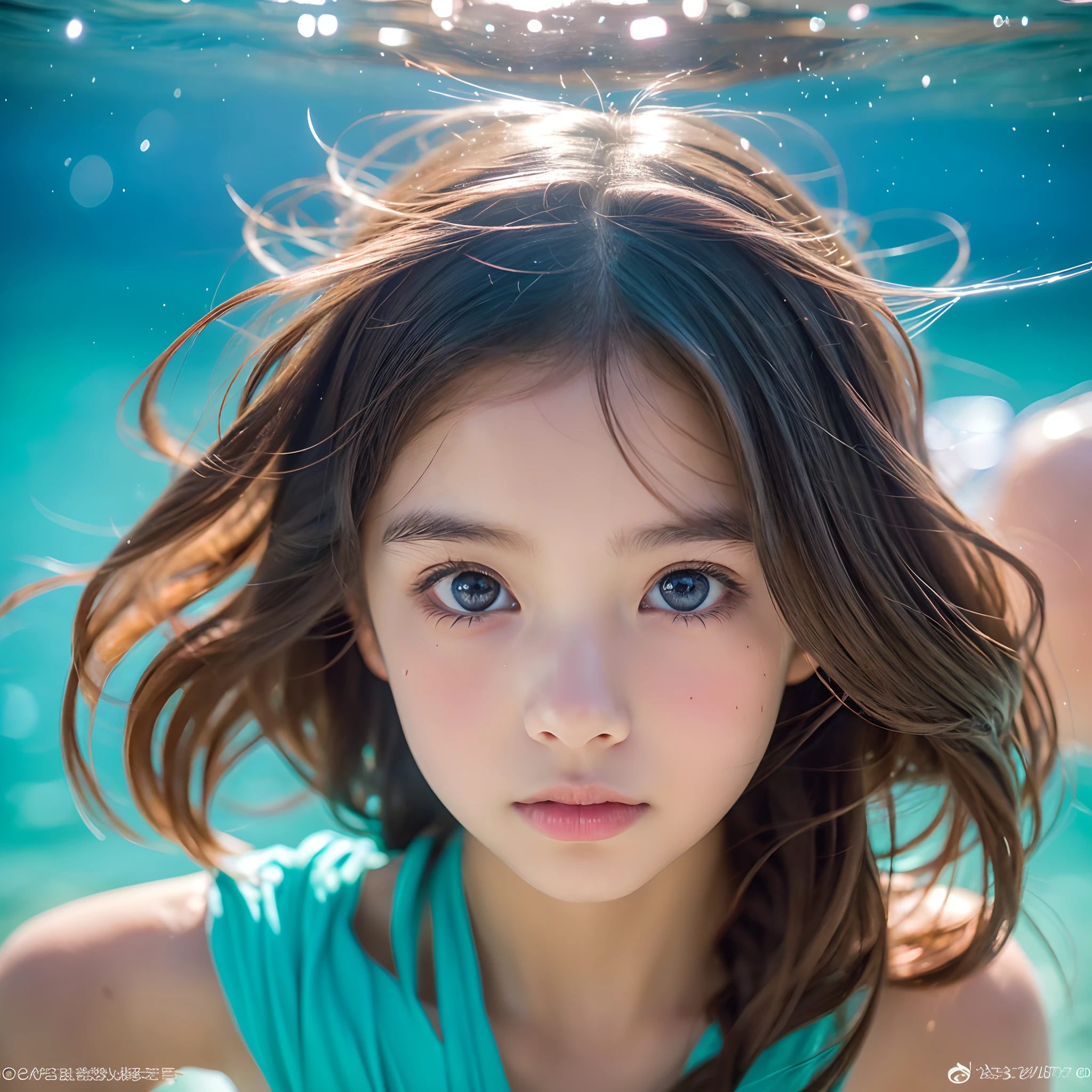 8K、12-year-old beautiful girl、A detailed face、see-through camisole dresses、Under water - at sea、strong breeze、Little Mermaid