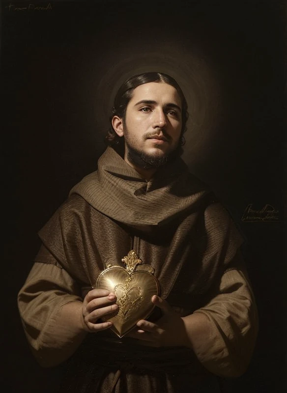 a painting of a man holding a heart in his hands, Francisco de Zurbaran, Directed by: Francisco de Zurbarán, Zurbaran, inspired by Francisco de Zurbarán, portrait of saint of the pit, Directed by: Giovanni Lanfranco, Directed by: Serafino De Tivoli, Directed by: Antonio de la Gandara, artista desconhecido, inspirado em Mathieu Le Nain, (Foto RAW, real, melhor qualidade, obra-prima: 1.2), (Hiper realista, realista: 1.2), alta qualidade, (dark ilumination: 1.2), perfect lighting, 4k