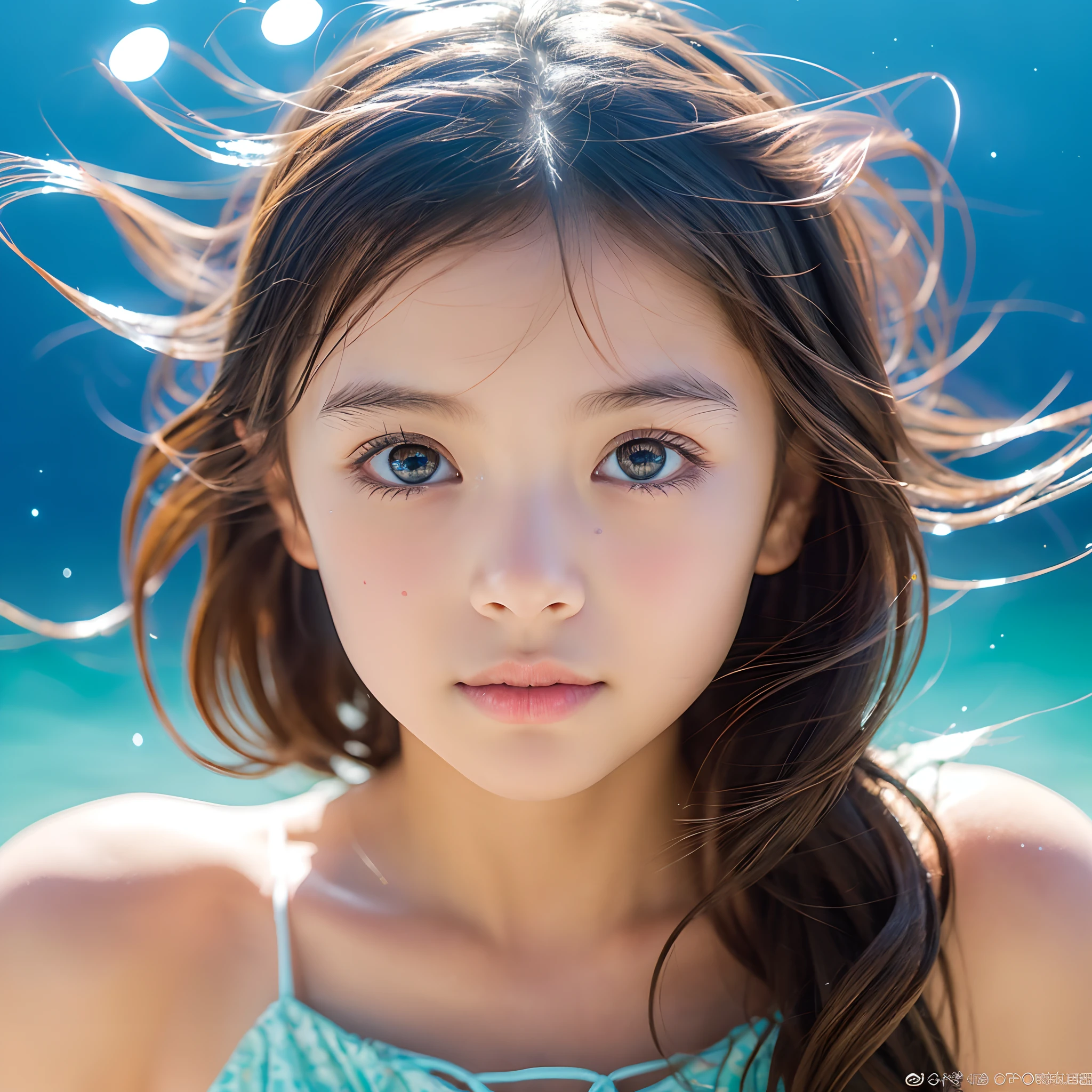 Art by Cornflower, Dreamy, (Petite girl with beautiful eyes. The depth of field in the photo was perfect, And the lens flare added a nice touch. The features of the details on her face really stood out, Eta、The score of this photo was definitely over 10. In the background, There was a beautiful sea with crystal clear water and water droplets spreading on the surface. It was a stunning photo that really captured the beauty of the girl and the water.)