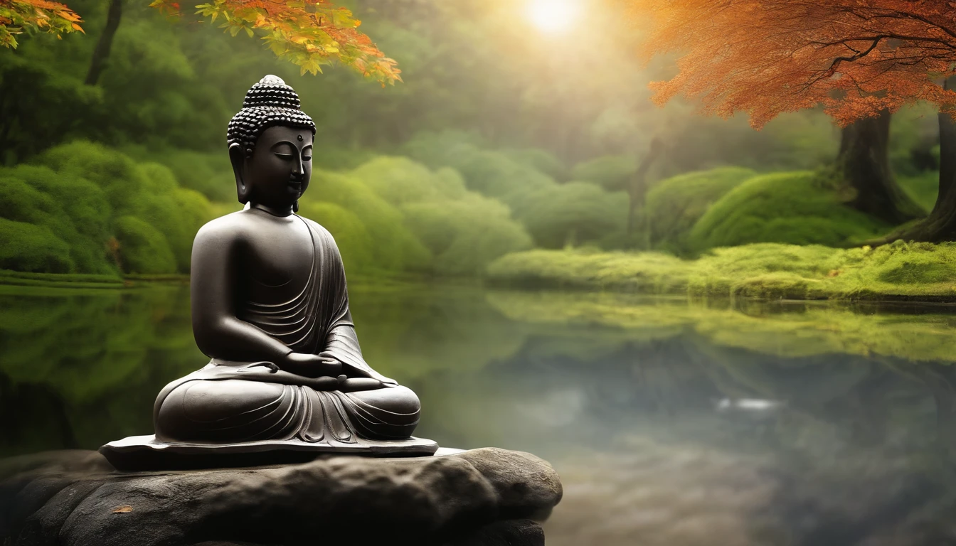 Buddha statue sitting on a rock with trees in the background, Buddhist, Buddhism, Buddha, Buddha, Zen meditation, Peaceful expression, Powerful lines (Zen Buddhism) Floating in status, Buddhist art, Zen (Zen Buddhism) aestheticism, Inner peace, meditating, Zen (Zen Buddhism) feeling, age, Peaceful;, Ancient Japanese, Zen (Zen Buddhism) atmosphere, meditating, unknown, tranquil expression, meditative, Beautiful depiction
