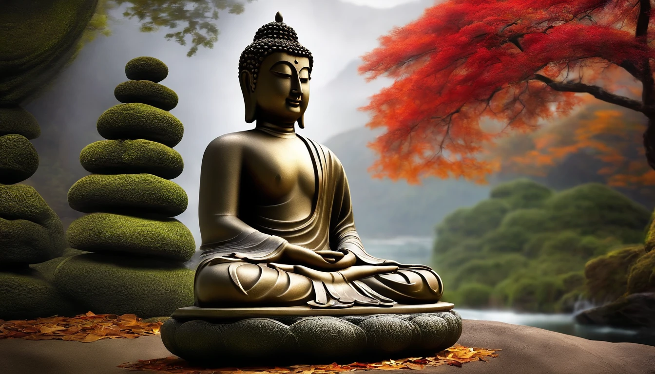 Buddha statue sitting on a rock with trees in the background, Buddhist, Buddhism, Buddha, Buddha, Zen meditation, Peaceful expression, Powerful lines (Zen Buddhism) Floating in status, Buddhist art, Zen (Zen Buddhism) aestheticism, Inner peace, meditating, Zen (Zen Buddhism) feeling, age, Peaceful;, Ancient Japanese, Zen (Zen Buddhism) atmosphere, meditating, unknown, tranquil expression, meditative, Beautiful depiction