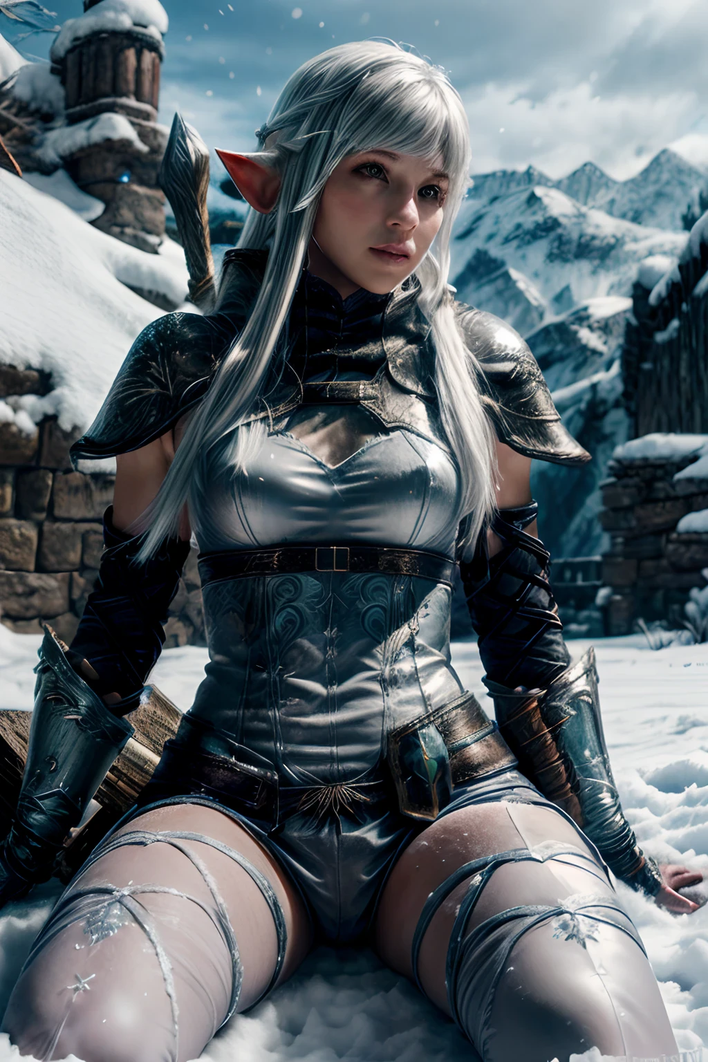 (full body:1.4), beauty girl snow elf, light crystal armor from skyrim, white short hair, spread legs, snow montain background, intricate details, insanely detailed, highest quality, (highly detailed:1.4), detailed skin, detailed face, photorealistic, realistic, sharp focus, 8k,(High Contrast:1.3)