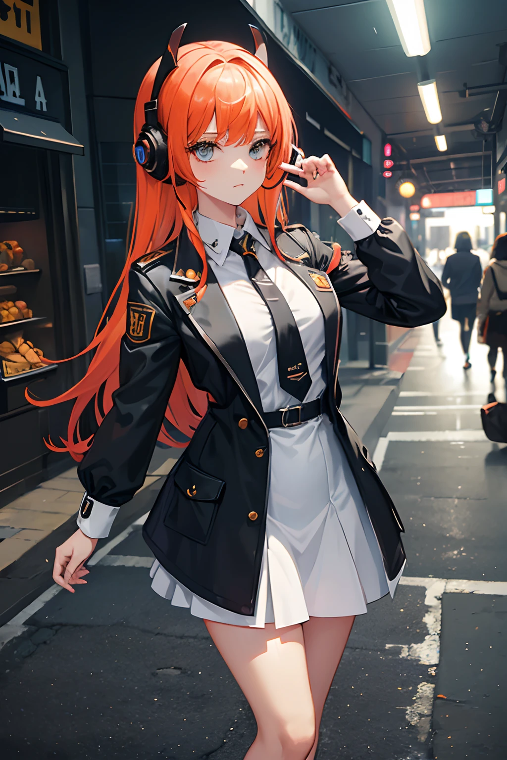 menina anime, ruiva, headset laranja com orelhas de longas de gato, cyberpunk, roupa futurista colegial com gravata preta, Black jacket with white dress shirt with elbow sleeves, cabelo longo amarrado com franja, olhos azuis, desenho estilo chibi