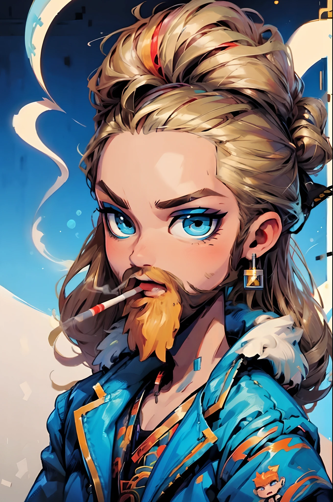 1 smoking man, smoking a joint, smoking weed, smoking, Bratz Boy, 1 male Bratz, blonde, bearded, blue eyes, brown cigarette.