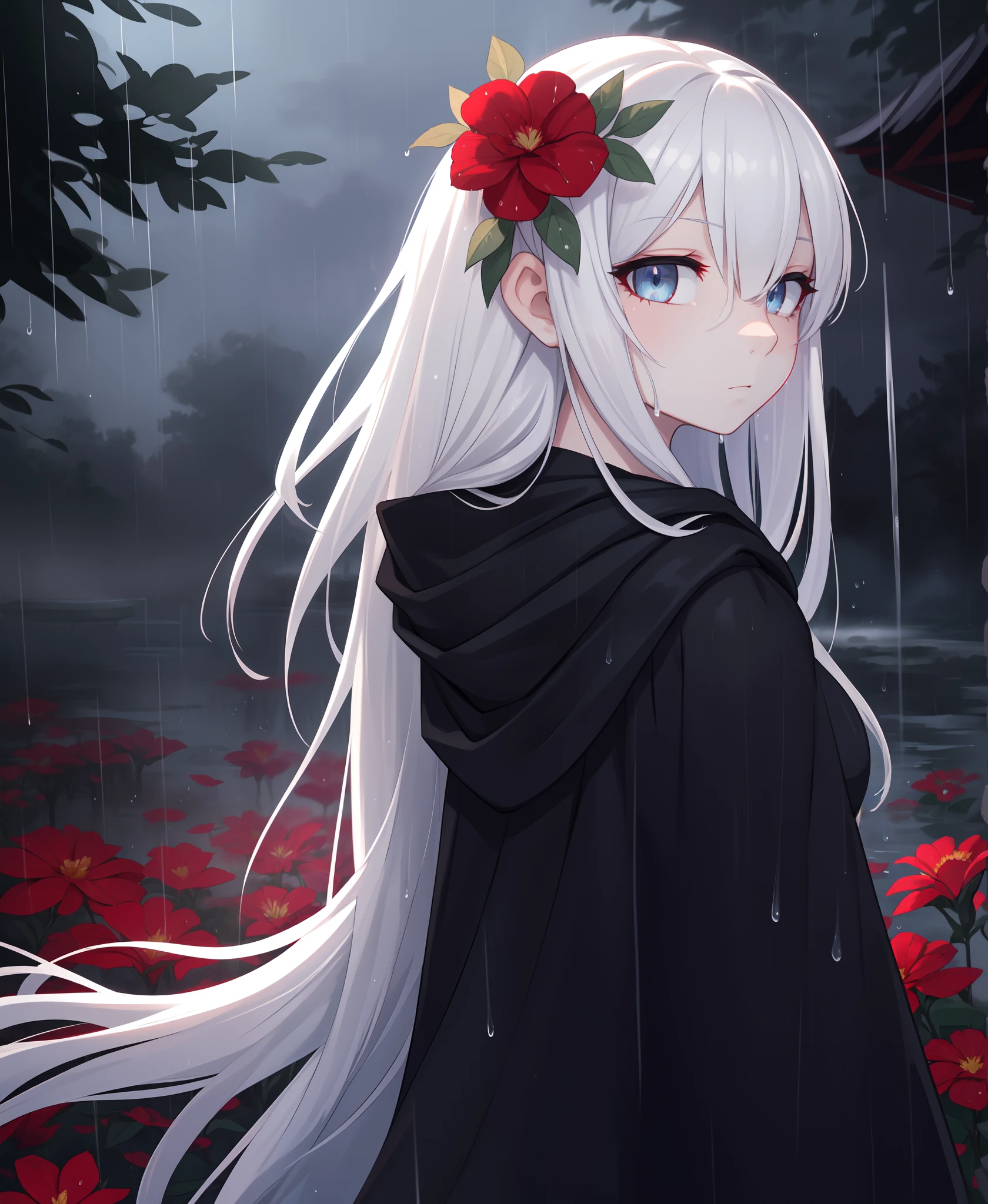 1girl,solo,1girl,solo,((beautiful detailed eyes)), (detailed light),depth of field,(white hair),silver eyes,hair over one eye,(red flower ), hair flower,long hair,black cloak,wet,emotionless,looking back,night,starfall,raining,fog,red flowers falling,sketch,upper body,intense shadows,