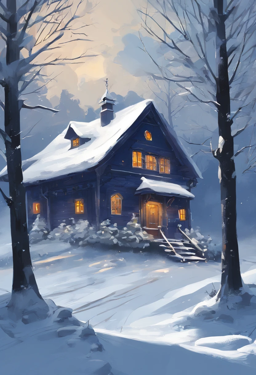 Draw a house with a blue door in the snow, Snowy winter, Winter painting, in the winter, inspired by Guido Borelli da Caluso, In winter, sunny winter day, Winter in the snow, painting of, Beautiful oil matte painting, landscape artwork, Detailed painting 4 K, Winter snow, Anime background art, ghibli studio art, Ghibli Studio Environment