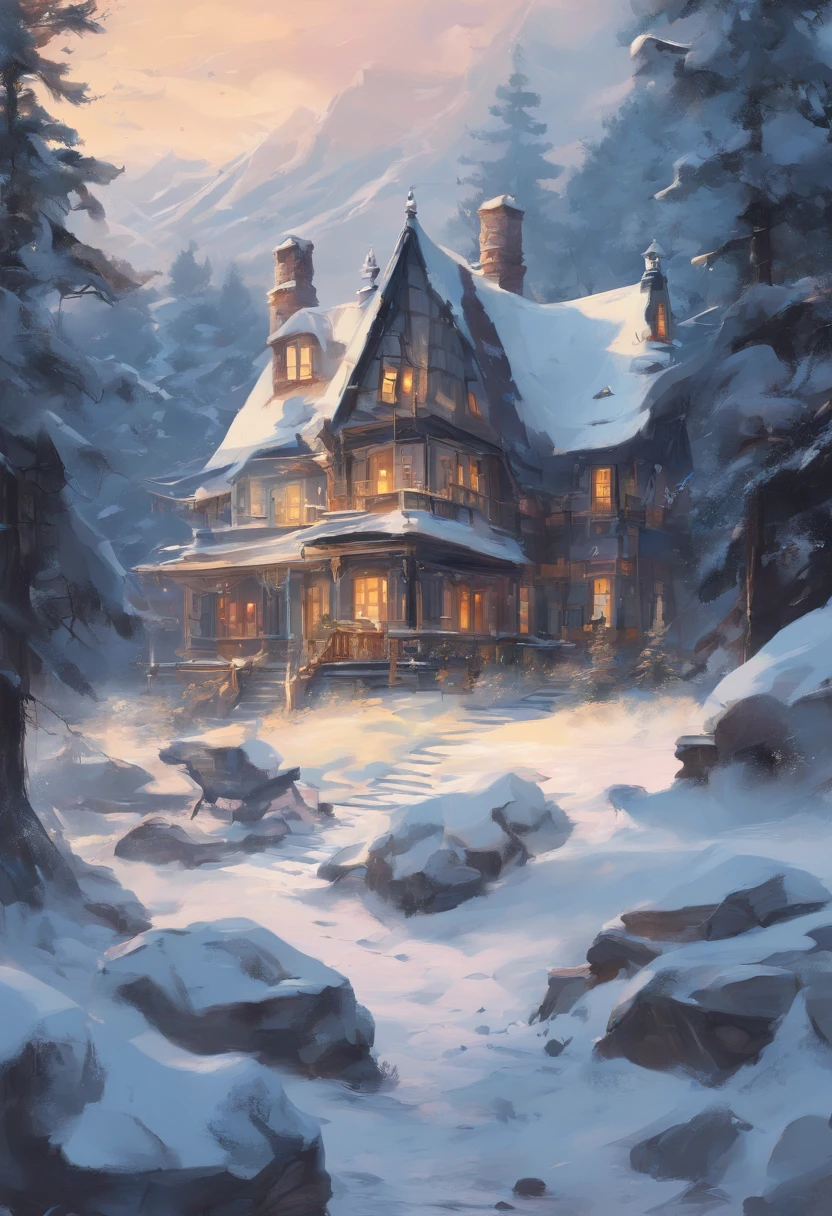 Draw a house with a blue door in the snow, Snowy winter, Winter painting, in the winter, inspired by Guido Borelli da Caluso, In winter, sunny winter day, Winter in the snow, painting of, Beautiful oil matte painting, landscape artwork, Detailed painting 4 K, Winter snow, Anime background art, ghibli studio art, Ghibli Studio Environment