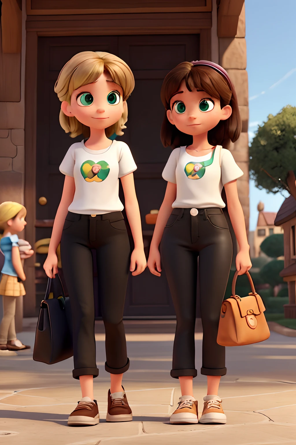 Disney Pixar character 3d animation two girls, one with green eyes and a blonde in a white top and pants, she has a black bag with her and next to her is a girl with brown eyes and dark hair in a black top and black jeans with a bag , They're in the village next to a small crowd of people