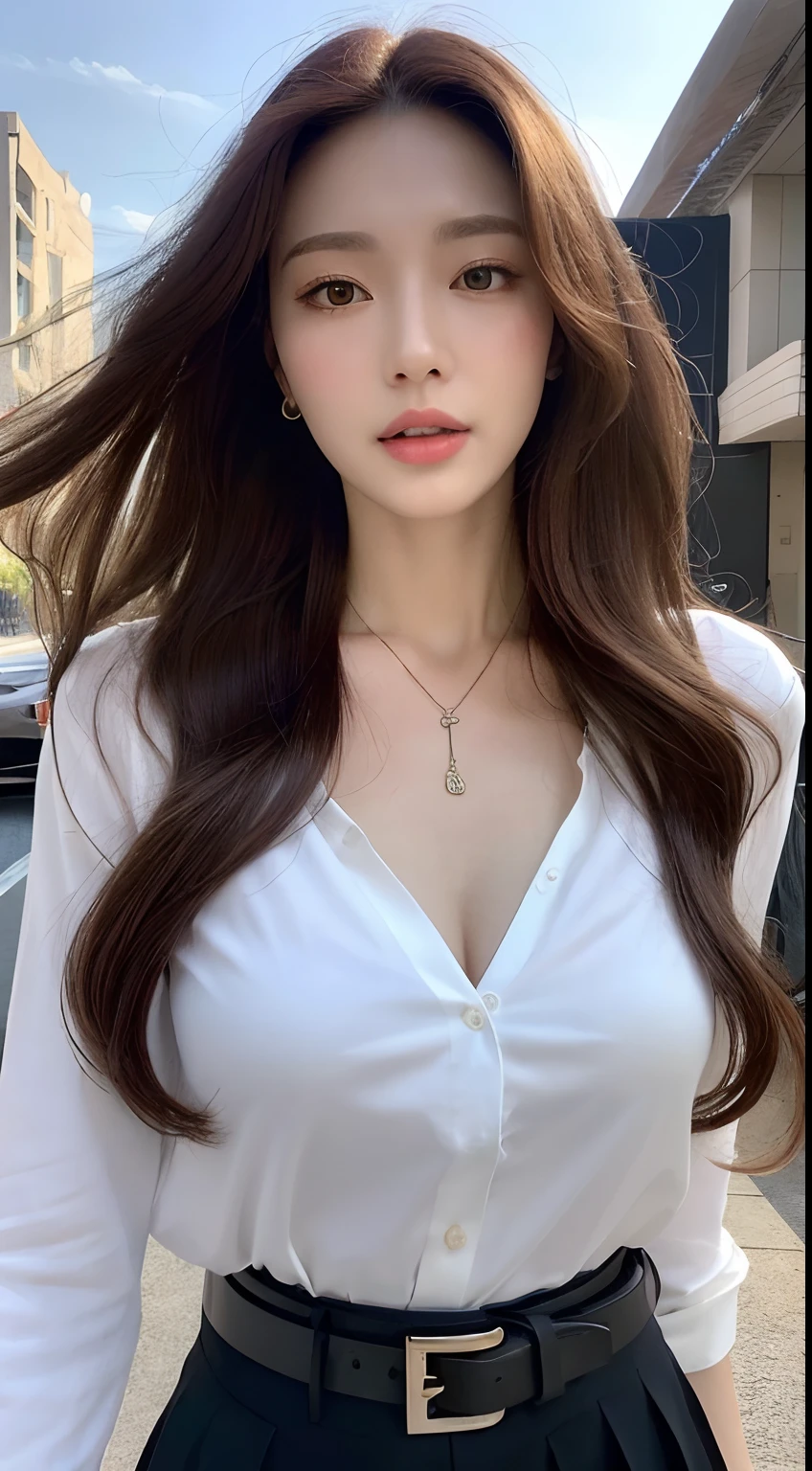 (Best quality, High resolution, Masterpiece :1.3), A tall and pretty woman, Slender abs, Dark brown hair styled in loose waves, Breasts, Wearing pendant, White button up shirt, Belt, Black skirt, (Modern architecture in background), Details exquisitely rendered in the face and skin texture, Detailed eyes, Double eyelid