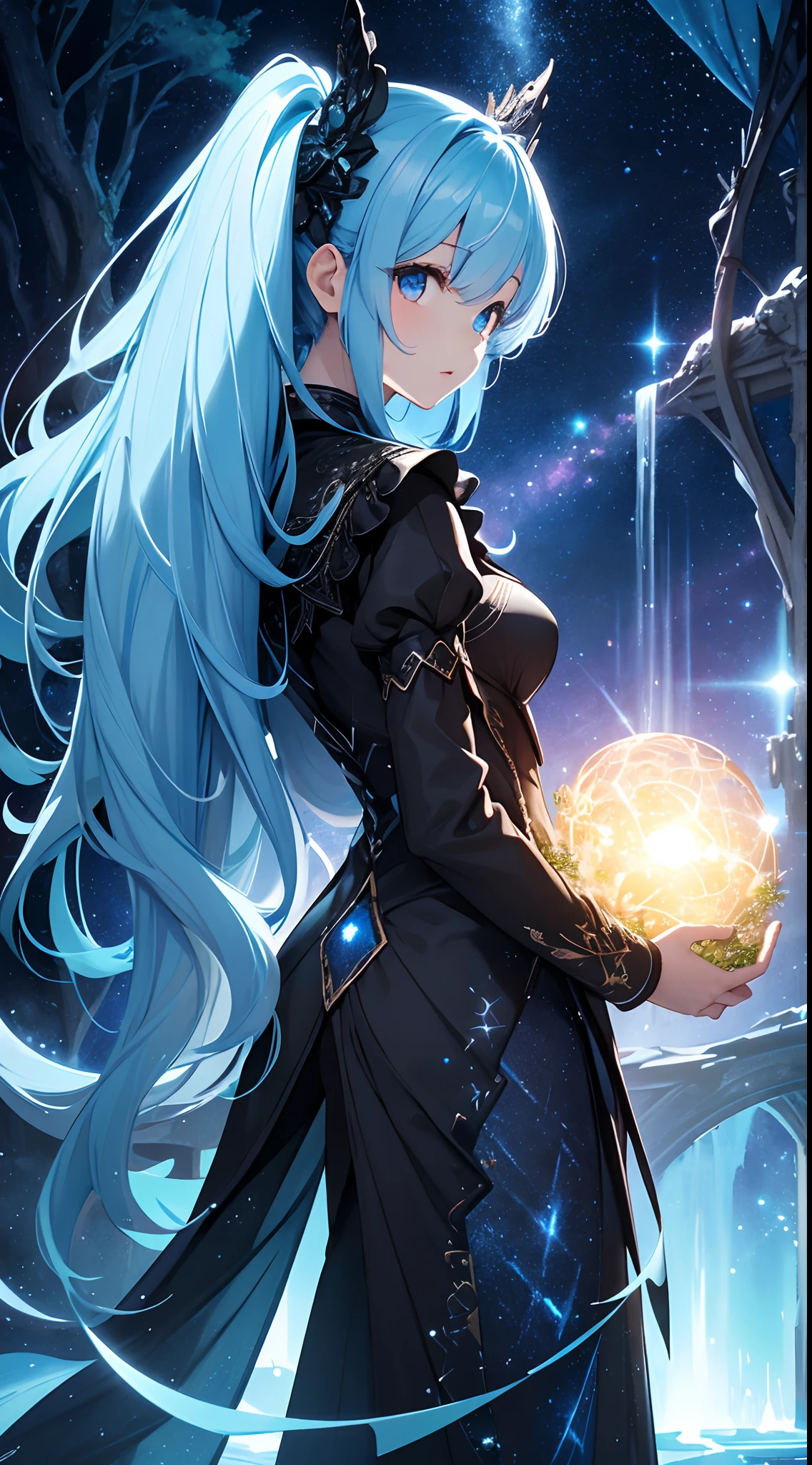 masterpiece、Background with((starrysky、Meteor swarm、black hole))、Depth((Huge fantastic tree、It's glowing.、plants、城市))、a beauty girl、Rear view、Looking up、poneyTail、lightblue hair
