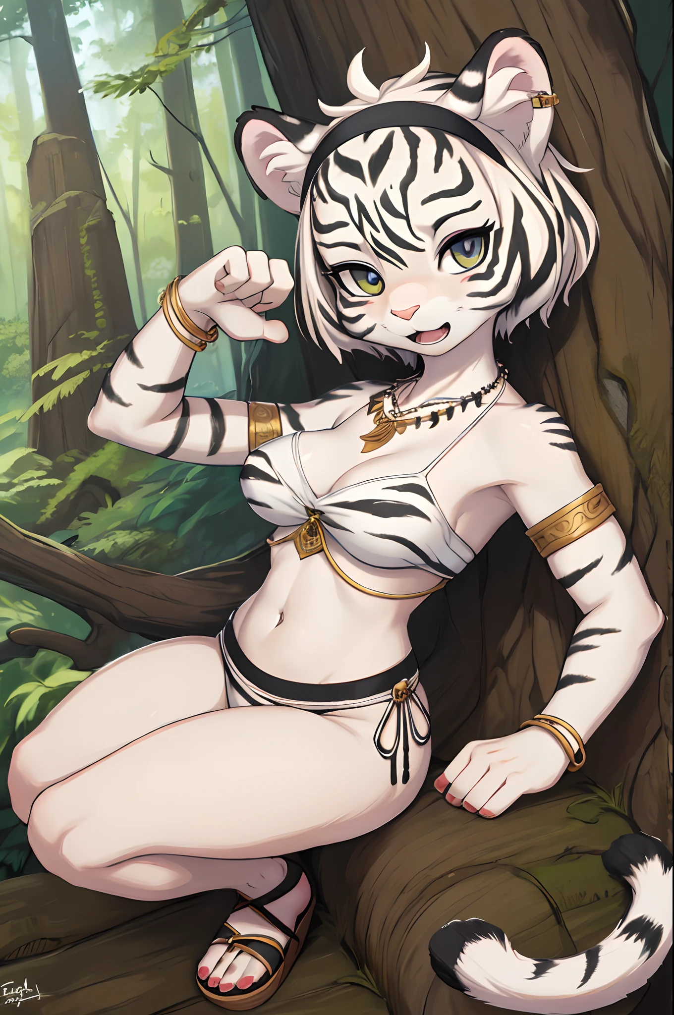 (hi res), ((masterpiece)) , ((best quality)), illustration,
furry, ((white tiger)), 1girl, armband, bracelet, breasts, feathers,  forest,hairband, jewelry,  looking_at_viewer, medium_breasts, merukizedeku, midriff, nature, navel, necklace, open_mouth, sandals, shin_sangoku_musou, solo, tribal, upper body,  short hair, two-tone hair, claw pose