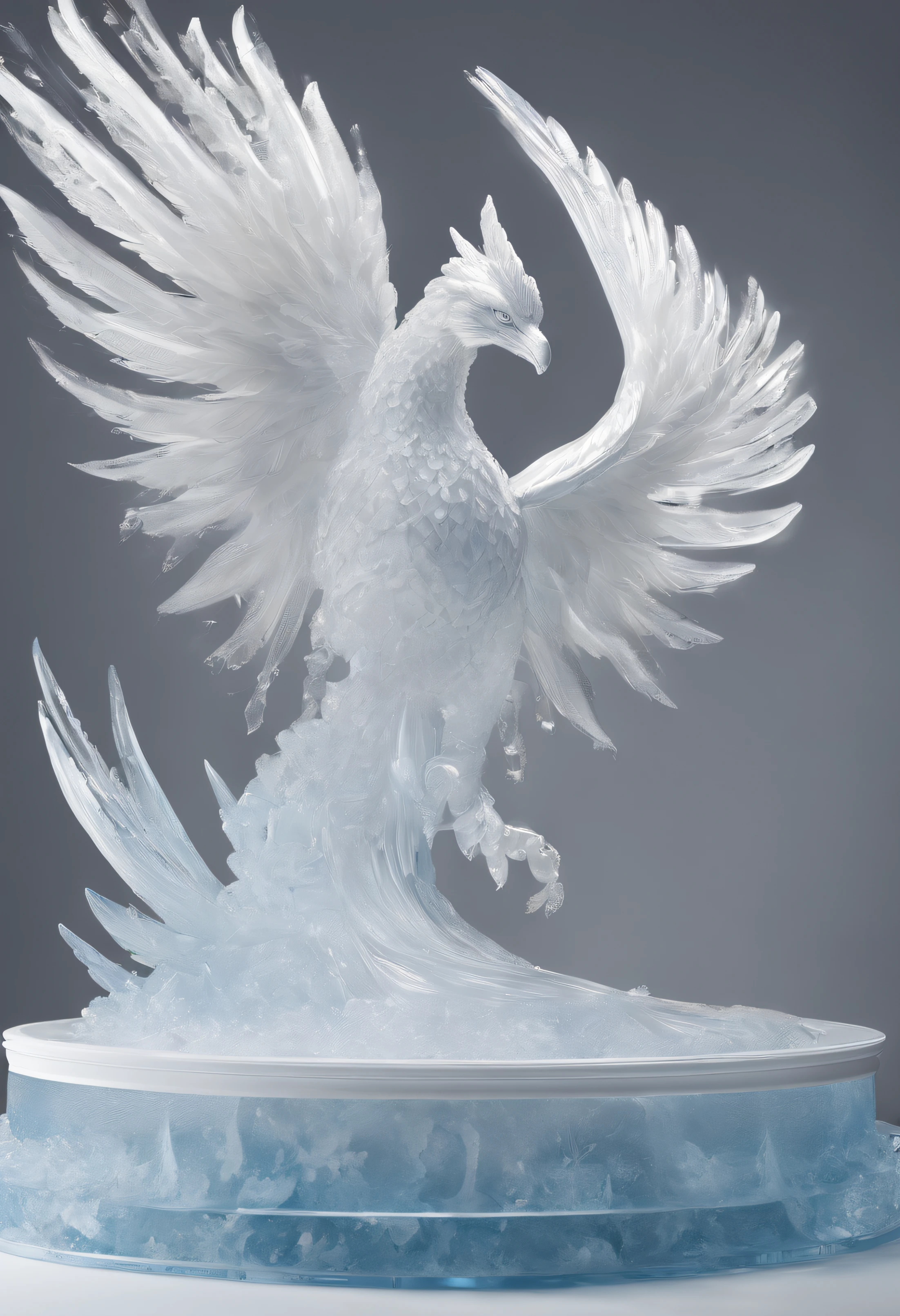 8K、Top image quality、masutepiece、top-quality、A hyper-realistic、Photorealsitic、Ice sculpture、phoenix、A sculpture of an ice phoenix about to take flight、Scrape icicles、The pedestal is also ice、At the party venue