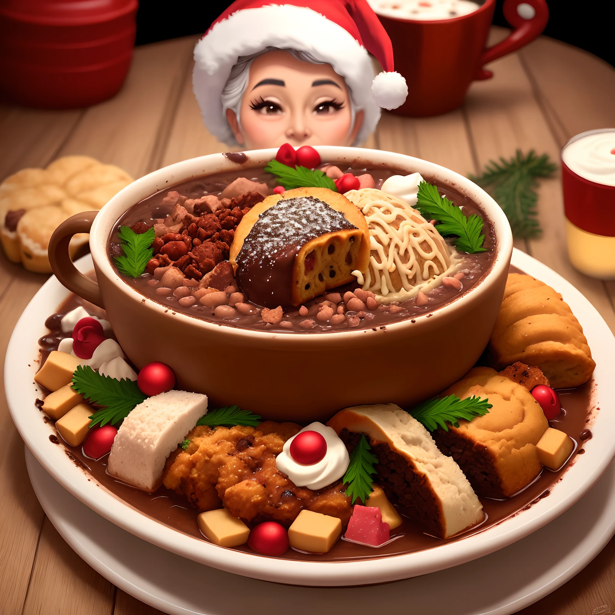 Traditional Mexican Christmas snacks and entrees all huddled together like menudo posole tamales pan dulce abuelita hot chocolate horchata in a cartoon form
