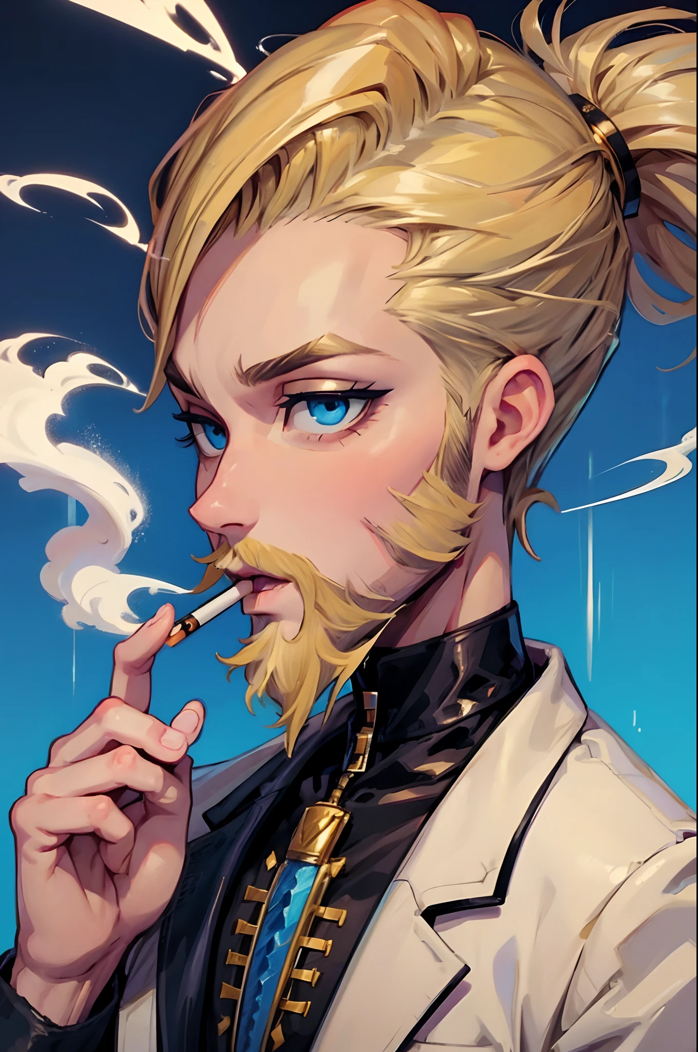 1 smoking man, smoking a joint, smoking weed, smoking, Bratz Boy, 1 male Bratz, blonde, bearded, blue eyes, brown cigarette.