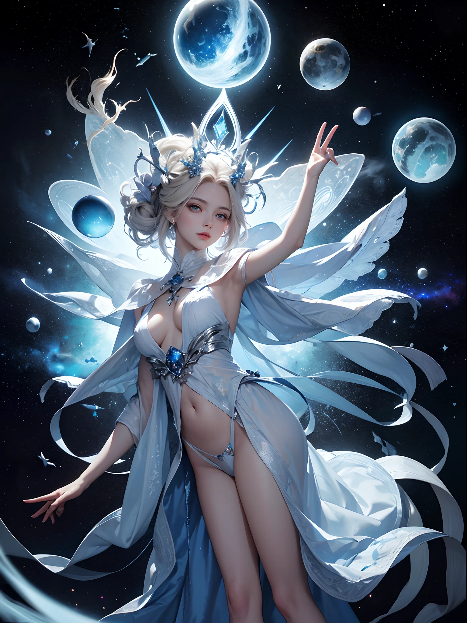 Blue and white silver tones、top-quality、masterpiece、Official art、Perfect Angle、low angles、perfect-composition、full body Esbian、stellar lumen、remote antiquity、cosmic space、placenta、Foundations of Creation、stele々Creation of、stardust、Alpha and Omega、Mysteries of the universe、Silence、peacefulness、Eternity is in the ephemeral、Cosmic Light、Beauty beyond human knowledge、Goddess of the Primordial、platinum-blonde-hair、sapphire eyes、high head and body、Tall and lean、resolute、noble、Deities々Right、strict、Absolute Existence、Royal blue robe、Holding a Blue Orb