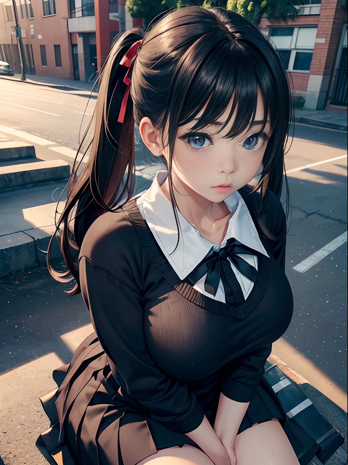 a 20 yo woman、(masterpiece:1.4)、(in 8K、realisitic、Raw photo、top-quality:1.4)、(Real Face:1.4)、(real looking skin:1.3)、超A high resolution、A hyper-realistic、Black eyes、black hair shorthair、Beige sweater、bow ribbon、Dark blue pleated skirt、(huge-breasted:1.5)、Blushing、alluring face、Sit on the school steps