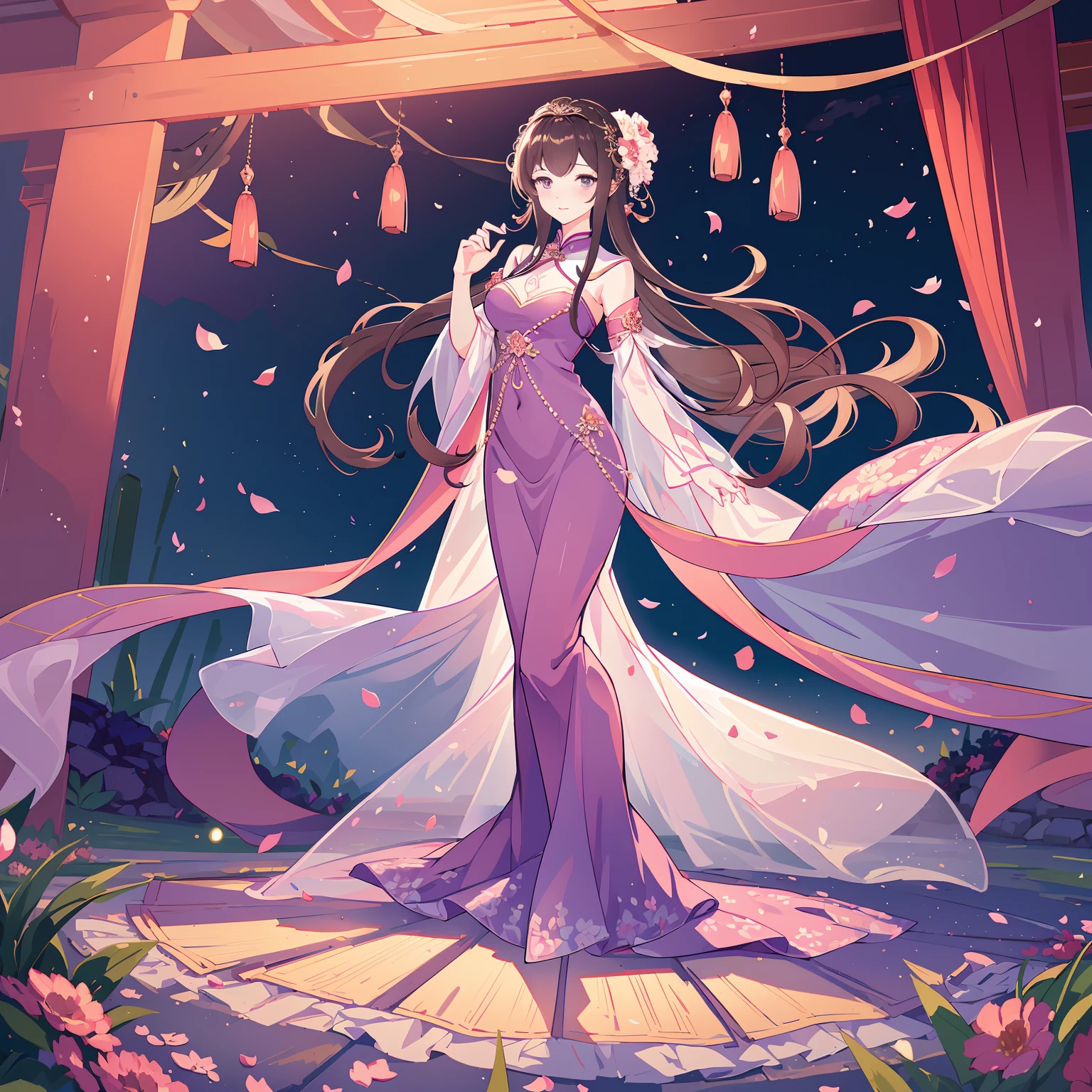 (Best quality,A high resolution,Clear image:1.2),Ultra-detailed background,Beautiful woman,standing on your feet，Purple dress，Chinese style clothes,Delicate petals,Garden scene,Under the moonlight,Romantic atmosphere,Dutch Angle Shot,Soft lighting,shelmet