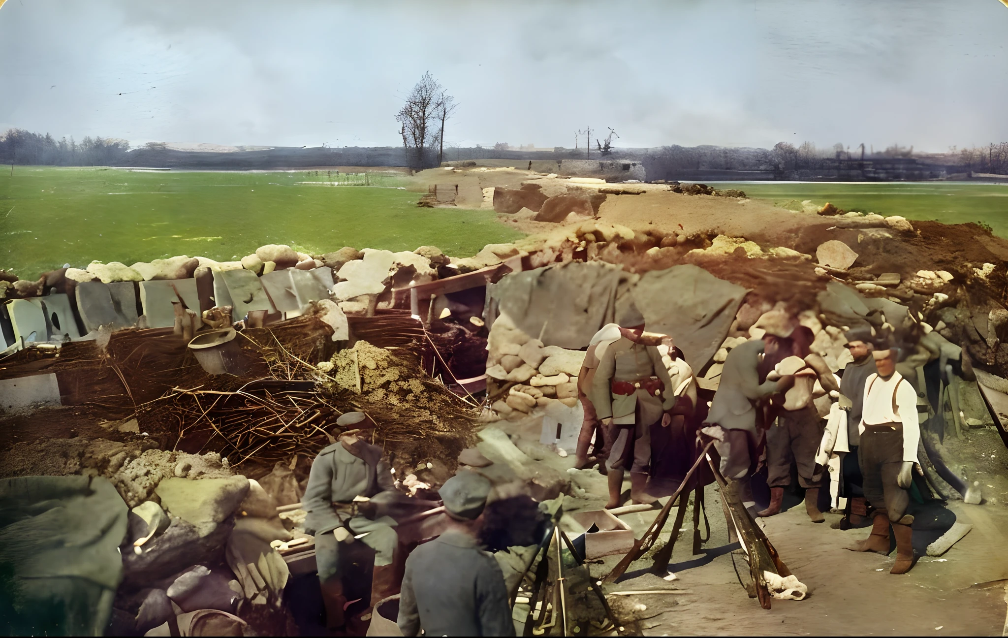 there are many people standing around a large pile of rocks, colourized, ww1 trench, colorized photograph, colorized 1 9 0 4 photo, ww1 film photo, colourised, colorized, colorized photo, in trenches, 4 k photo autochrome, war photo, ww1 photo, trenches, a colorized photo, russian ww 1, award winning colorized photo