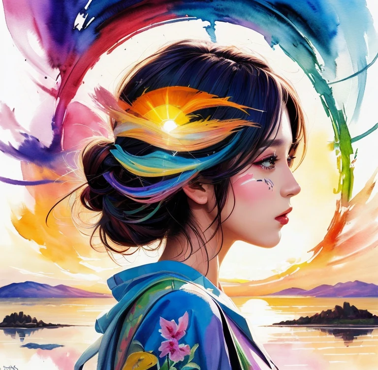 a woman with a colorful painting on her face and a sunset in the background, beautiful art uhd 4 k, art of alessandro pautasso, watercolor detailed art, a beautiful artwork illustration, beautiful gorgeous digital art, japanese art style, side profile artwork, stunning art style, gorgeous digital art, colorful art, jen bartel, exquisite digital illustration, colorful dream