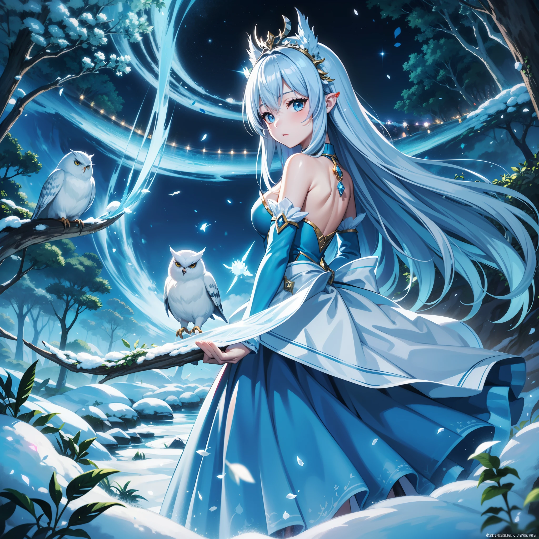 ((ultra-detailliert)), ((Best Illustration)), ((Movie Lighting)), Dynamic Angle, floating, Fine, (The Flash: 1.2), (shine: 1.2), (shine: 1.2), "(Best Quality), Super detailed depiction of a beautiful girl, Light blue long hair、Twin-tailed、Fantasy worldview、 Fantastic background、Fantasia、Fairy World、In the colorful forest、Surrounded by snow-white owls and vivid vegetation、cinematic colors、Refreshing, Starry sky、Dazzling moonlight