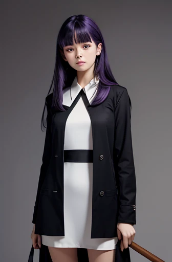 nsfw.hem of a long dress lift:0.3.(masterpiece, best quality), A cute woman holds a 1.5 meter magic wand made out of wood in both hands. She has a round face. Her height is 161cm Her hair is purple. Her hair is long with straight bangs. She has normal breasts. She is standing. She wears long black coat over a knee length white one piece dress.