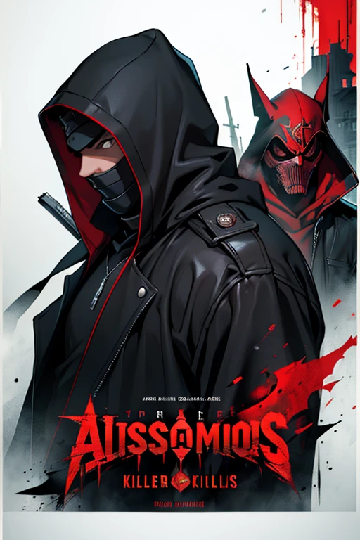 best quality. 4k. movie poster. A 14-year-old black killer with a mask. With red assassins behind him