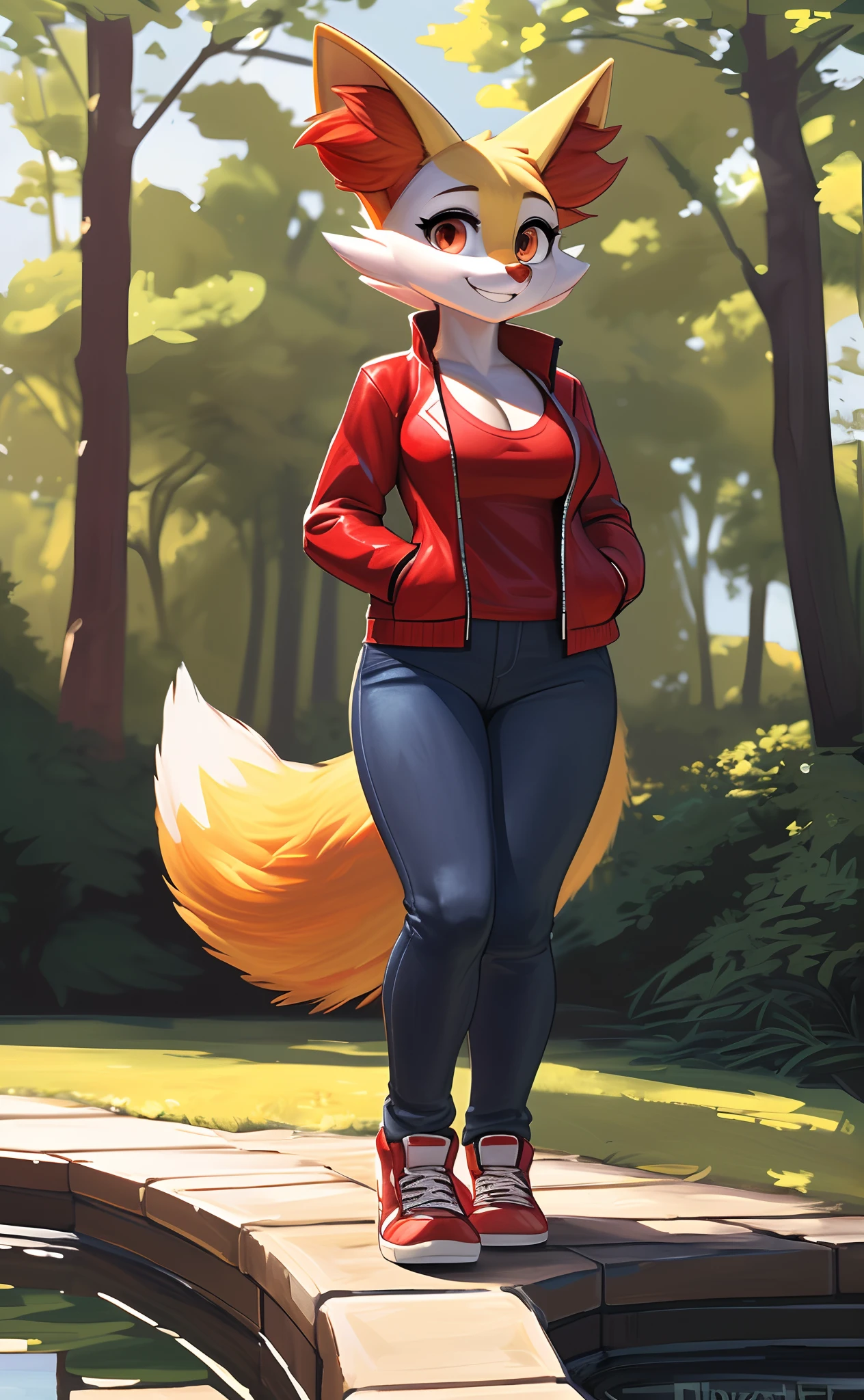 [Braixen], [pokemon], [Uploaded to e621.net; (wamudraws), (Pixelsketcher), (mayosplash], ((masterpiece)), ((HD)), ((solo portrait)) ((front view)), ((full body)), ((furry art)), ((detailed fur)), ((detailed shading)), ((beautiful render art)), {female anthro fox; (yellow, red, and black fur), red ear fluff, bright orange eyes, (medium boobs), (gorgeous hips), (beautiful legs), (cute smile)}, {(red jacket), red tee shirt, (cleavage), tight blue jeans, red sneakers}, {(standing), (hands in pockets)}, [background; (blue sky), (park), (trees), (pond)]