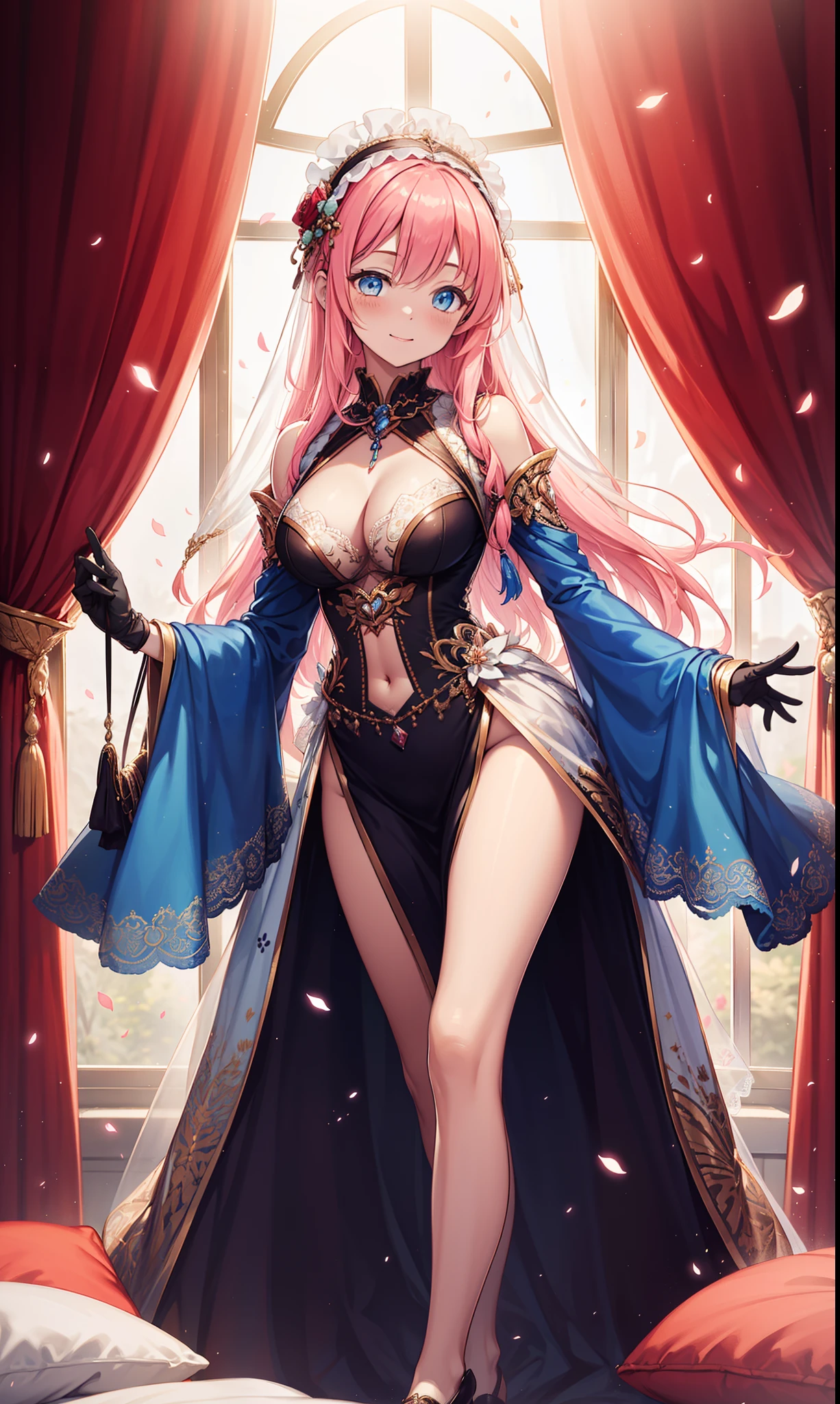 (Best quality, A high resolution, Textured skin, High quality, High details,Extremely detailed CG unity),s girl,Enchanted,Divine happiness,Being in love,(Light Victorian dress:1.2),Pink hair,eBlue eyes,(Fabric headdress),Maximalism,Multiple layers of delicate ruffles,Lots of lace,Multi-colored cloth,Delicate embroidery,Delicate pattern,Fabric headdress,exquisite costumes,see-through transparent clothes,Bedrooms,the night,glittery,(Dazzle:1.2),Movie lighting,the night,solo person,Fluttering skirt,