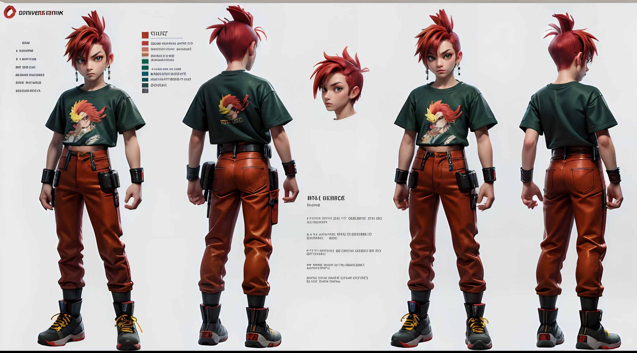 Boy with a long red mohawk, cyberpunked, (Deep green T-shirt with an illustration of a rooster's face), (Yellow pants), 12year old, Standing, 3 View Drawing, Side and front and back, Character Sheet, Full body, Simple white background, character reference sheet, Concept art, design sheet, Character Design, full body adoptable, Big-eyed rooster character