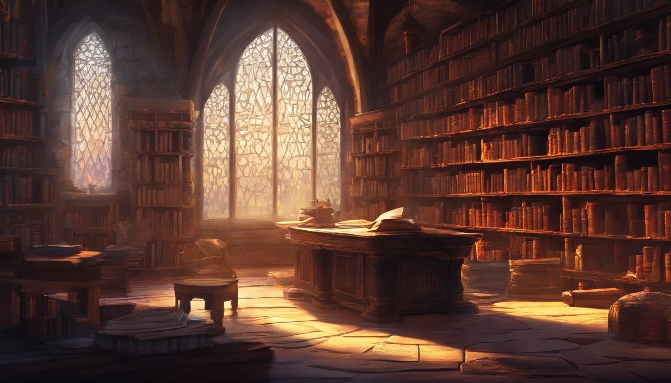 medieval fantasy castle study room with many book shelves and tomes and desk with morning light