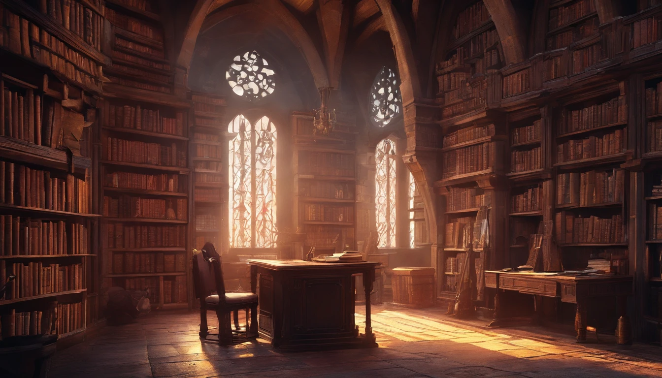 medieval fantasy castle study room with many book shelves and tomes and desk with morning light