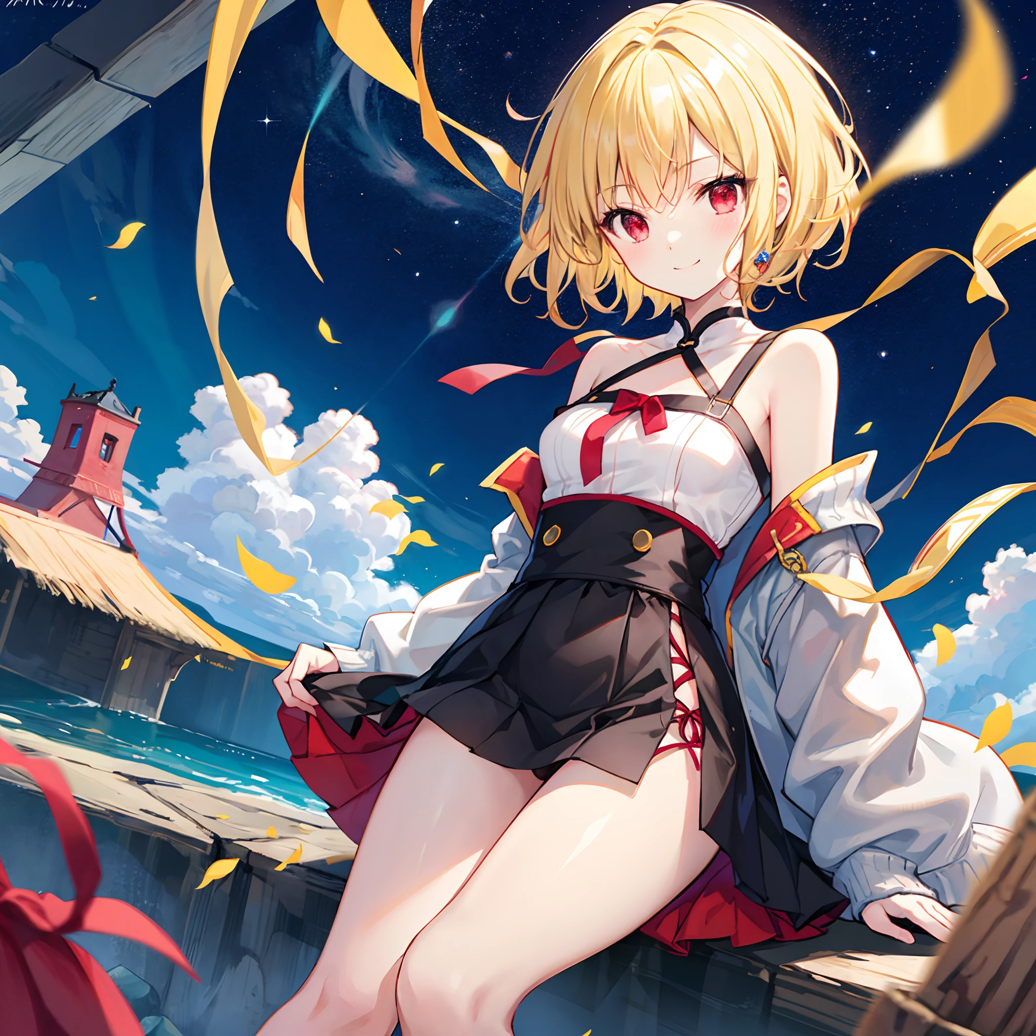 Anime characters taking a bath naked in the sky, 1 girl, Flandre Scarlet, one eye closed, Moon, Small breasts, Towel, fullmoon, Crossed legs, Solo, Small breasts, Open mouth, tusk,, blush , Yellow hair, red eyes, Barefoot