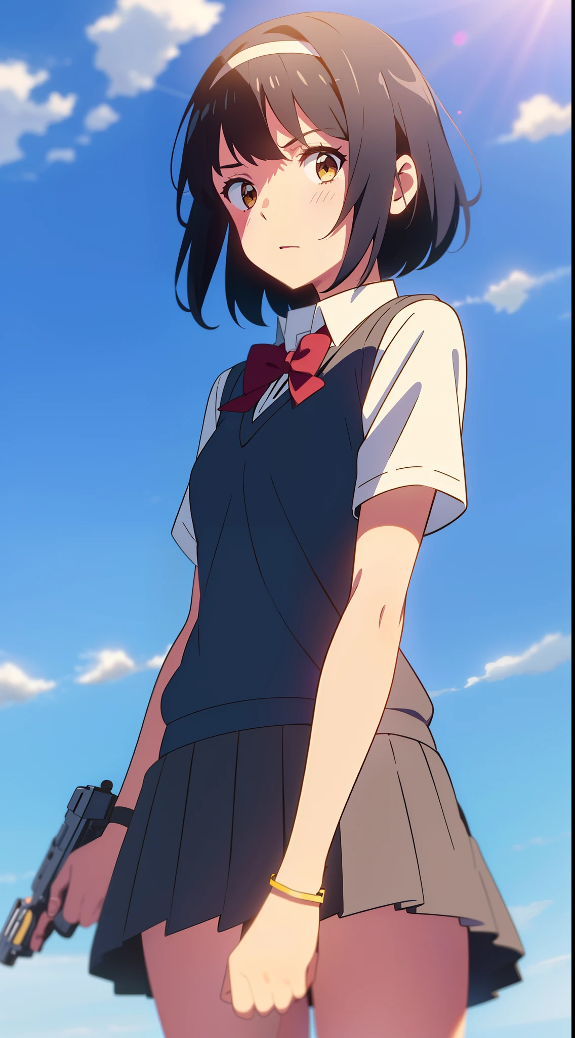 shinkai makoto, kimi no na wa., 1girl, bangs, black hair, blush, brown eyes, collared shirt, headband, looking at the viewer, Clavicle, red bow, red headband, red ribbon, school uniform, shirt, short hair, medium breasts, solo, sweater vest, vest, white shirt, yellow sweater vest, yellow vest, skirt, blue skirt, short sleeves, day, blue sky, cloudy_sky, sunlight, Outdoors, shiny skin, Fighting Stance, Despair Face, bracelet, ((aiming at the viewer with a gun)), handgun, ((holding a handgun)), trigger discipline, cowboy shot, perfect hands