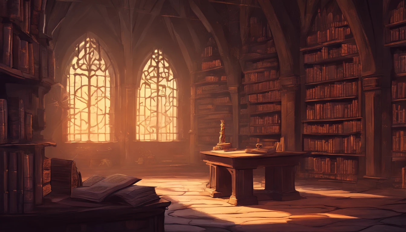 simple, medieval fantasy castle study room with book shelves and tomes and desk with bright lighting