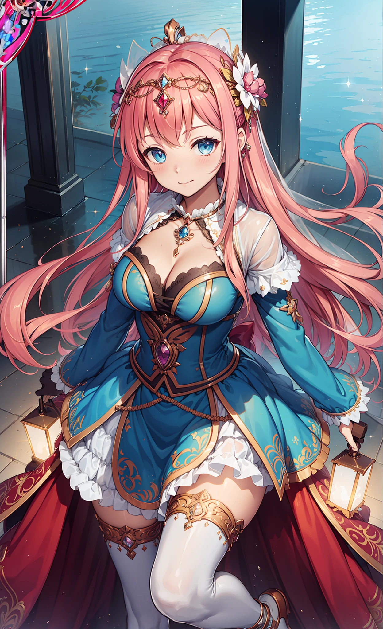 (Best quality, A high resolution, Textured skin, High quality, High details,Extremely detailed CG unity),teens girl，Enchanted，Divine happiness，Being in love，(Light Victorian dress:1.2)，Pink hair，eBlue eyes，(Fabric headdress)，Maximalism，Multiple layers of delicate ruffles，Lots of lace，Multi-colored cloth，Delicate embroidery，Delicate pattern，Fabric headdress，exquisite costumes，see-through transparent clothes，Bedrooms，the night，glittery，(Dazzle:1.2)，Movie lighting，the night，solo person，Fluttering skirt，